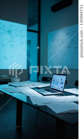 Modern Tech Conference Room: A sleek, contemporary conference room illuminated with cool blue lighting, featuring a laptop displaying data on the table alongside scattered documents. 130994731