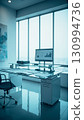 Contemporary Executive Office: A sleek, modern office interior featuring a desk with a computer monitor displaying financial data, suggesting a professional environment. 130994736