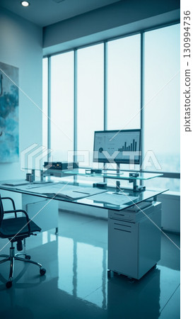 Contemporary Executive Office: A sleek, modern office interior featuring a desk with a computer monitor displaying financial data, suggesting a professional environment. 130994736