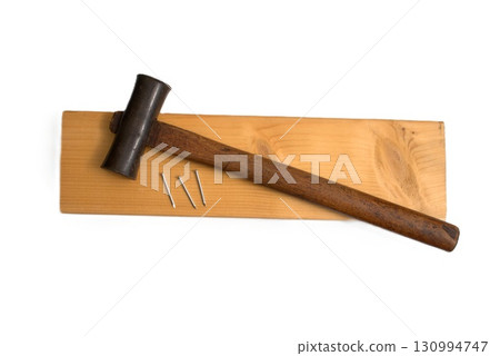 Wood, hammer and nails on white background Wood, hammer and nails on white background 130994747