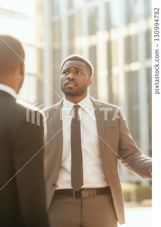 Young Black man seeks support from colleague to address workplace stress and feelings of overwhelm 130994782