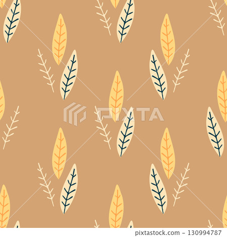 Autumn leaf seamless repeat brown background. Vector illustration. Cozy seamless pattern with yellow autumn leaves on a warm brown background Perfect for seasonal projects textiles wrapping paper Autumn leaf seamless repeat brown background. Vector illustration. Cozy seamless pattern with yellow autumn leaves on a warm brown background Perfect for seasonal projects textiles wrapping paper 130994787