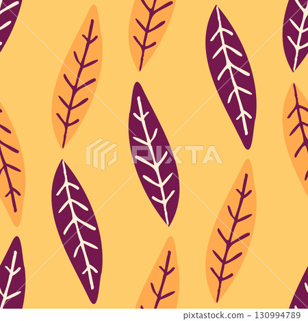 Seamless pattern with purple leaves on yellow. Vector illustration. Stylish repeat of bold purple leaves on a warm yellow base Great for contemporary textiles wallpapers stationery and creative nature Seamless pattern with purple leaves on yellow. Vector illustration. Stylish repeat of bold purple leaves on a warm yellow base Great for contemporary textiles wallpapers stationery and creative nature 130994789
