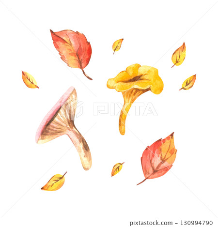 Set with mushrooms and autumn leaves in warm tones, hand-painted watercolor illustration designed for stickers, clipart, patterns, stationery and seasonal creative projects. Set with mushrooms and autumn leaves in warm tones, hand-painted watercolor illustration designed for stickers, clipart, patterns, stationery and seasonal creative projects. 130994790