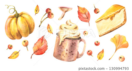 Collection with pumpkins, pie, mugs of cocoa and autumn leaves, drawn in delicate tones, hand-painted watercolor illustration ideal for holiday stickers, clipart and seasonal decoration. Collection with pumpkins, pie, mugs of cocoa and autumn leaves, drawn in delicate tones, hand-painted watercolor illustration ideal for holiday stickers, clipart and seasonal decoration. 130994793