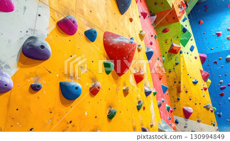 [AI image] A colorful bouldering wall with many holds 130994849