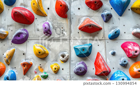 [AI image] A colorful bouldering wall with many holds 130994854