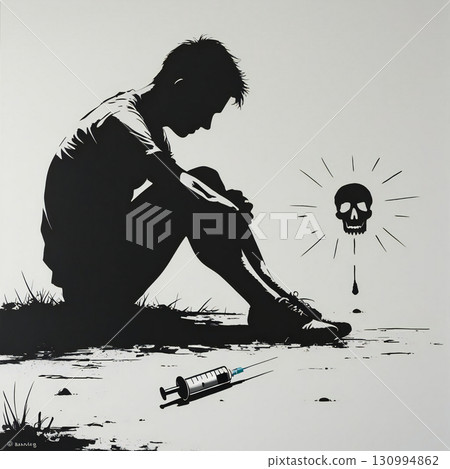 成癮與痛苦：男人與注射器的剪影 130994862