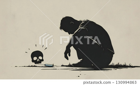 Drug Addiction and Suffering: Silhouette of a Man and a Syringe 130994863