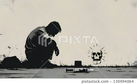 Drug Addiction and Suffering: Silhouette of a Man and a Syringe 130994864