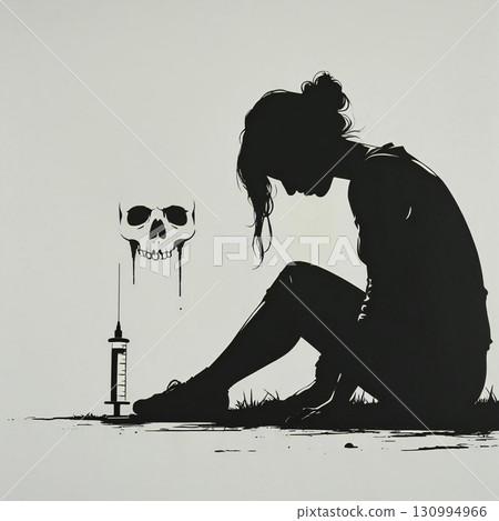 毒癮與痛苦:女人與注射器的剪影 毒癮與痛苦:女人與注射器的剪影 130994966