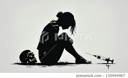 毒癮與痛苦：女人與注射器的剪影 130994967
