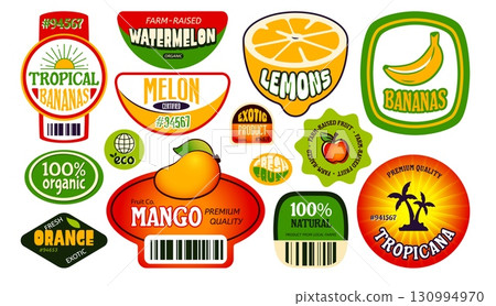 Retro farm fruit stickers set isolated on white 130994970