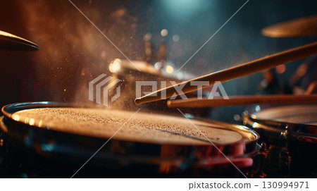 Drum Kit Struck by Wooden Drumstick with Dust Particles and Dramatic Concert Lighting 130994971