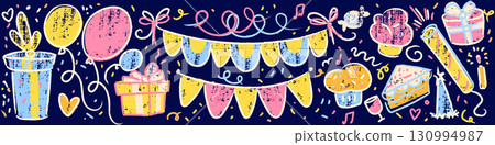 Textured birthday party crayon illustrations 130994987