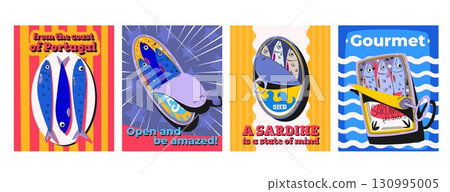 Set of colorful retro posters with sardine cans 130995005
