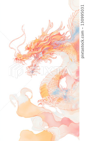 A watercolor illustration of a dragon in red and orange. A fantastic and artistic lucky charm design. 130995031