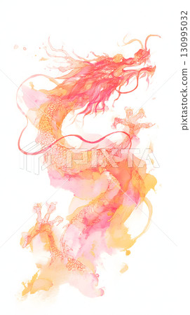 A watercolor illustration of a dragon in red and orange. A fantastic and artistic lucky charm design. 130995032
