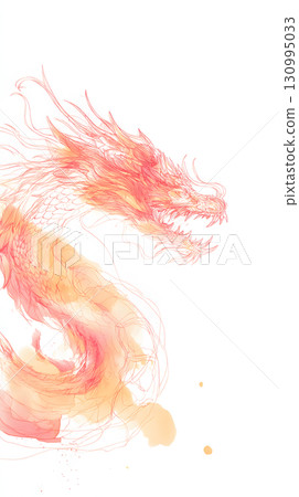 A watercolor illustration of a dragon in red and orange. A fantastic and artistic lucky charm design. 130995033