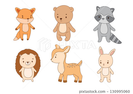 Cute woodland animals, hand drawn flat illustrations set for kids. Isolated fox, bear and bunny 130995060