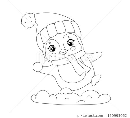 Cute baby penguin playing snowballs in snow, animal in hat and scarf, winter activity, online illustration for coloring page 130995062