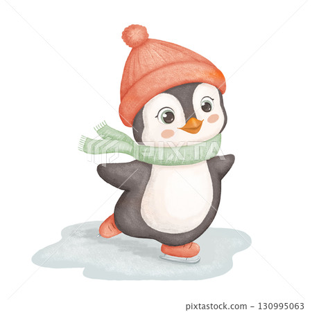 Penguin in red hat and scarf skates on ice. Cute animal skater isolated on white background. Childish watercolor illustration. 130995063