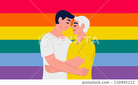 Hand drawn illustration homosexual couple gently cuddling on rainbow flag 130995222