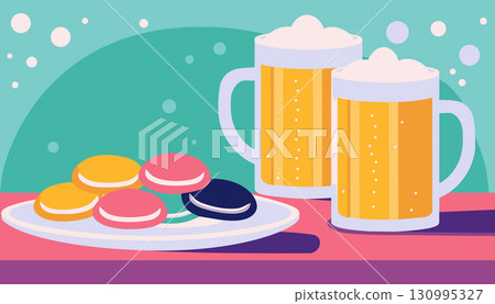 Vector illustration of A table with mugs of beer and cookies on it 130995327