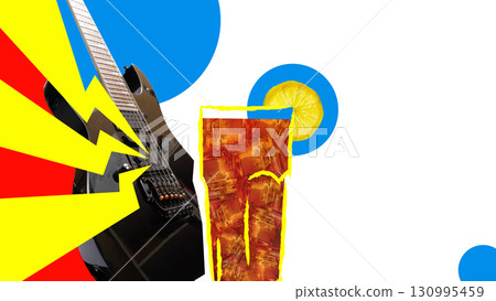 Bright pop art collage with Long Island Iced Tea with electric guitar Bright pop art collage with Long Island Iced Tea with electric guitar 130995459