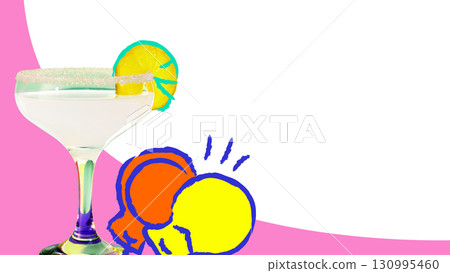 Colorful collage template. Margarita cocktail with pineapple slice and castanets in pop art design Colorful collage template. Margarita cocktail with pineapple slice and castanets in pop art design 130995460