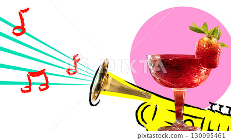 Creative graphic collage. Daiquiri cocktail with strawberry garnish and trumpet jazz background 130995461