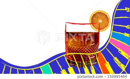Minimalist pop art collage. Old fashioned cocktail with orange slice on colorful piano background Minimalist pop art collage. Old fashioned cocktail with orange slice on colorful piano background 130995464