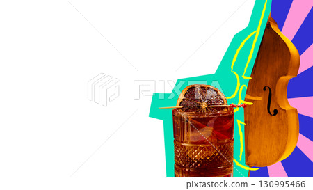 Contemporary collage. Negroni cocktail with cello silhouette and colorful abstract background 130995466