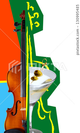 Violin and martini cocktail in creative collage with surreal pop art style Violin and martini cocktail in creative collage with surreal pop art style 130995485