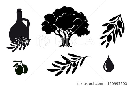 Olive set branches, tree and olive oil Olive set branches, tree and olive oil 130995500