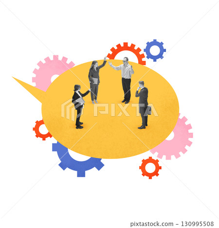 Graphic composition. Business team discussing inside abstract speech bubble with colorful gears Graphic composition. Business team discussing inside abstract speech bubble with colorful gears 130995508