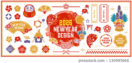 A set of New Year illustrations and Japanese decorations A set of New Year illustrations and Japanese decorations 130995668