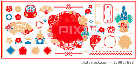 一組新年插畫和日式裝飾品 130995688