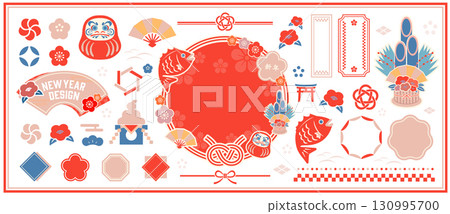 一組新年插畫和日式裝飾品 一組新年插畫和日式裝飾品 130995700