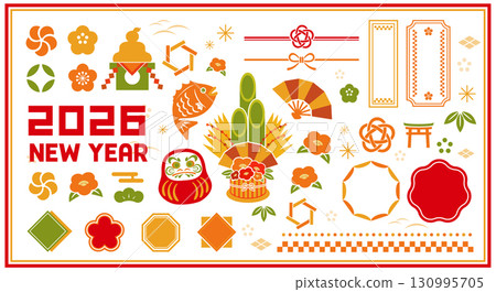一組新年插畫和日式裝飾品 一組新年插畫和日式裝飾品 130995705