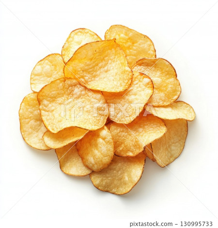 Close-up of crispy potato chips on white background 130995733