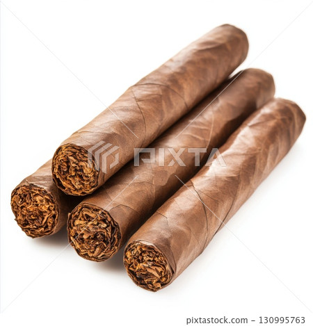 Four brown cigars stacked on white background 130995763