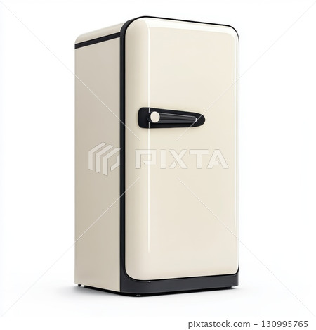 Retro-style cream refrigerator with black accents on white background 130995765