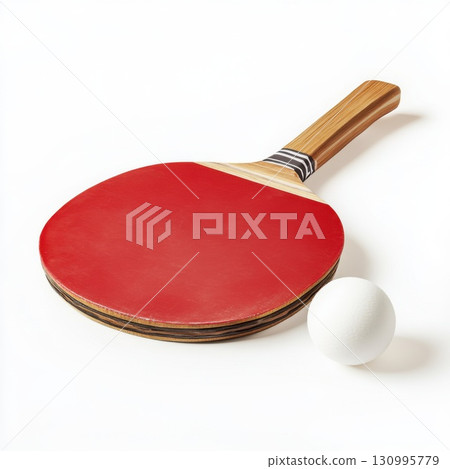 Table tennis paddle and ball on white background 130995779