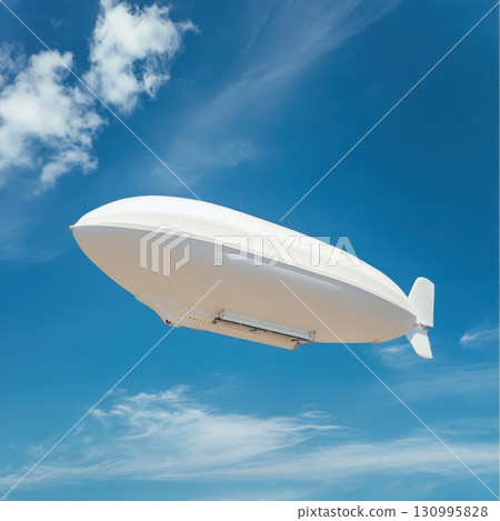 White airship flying against a clear blue sky with clouds 130995828