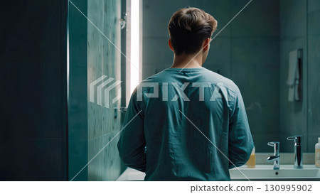 Young Man Looking in Mirror in Bathroom Young Man Looking in Mirror in Bathroom 130995902