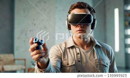 Gamer with Gamepad and VR Headset Gamer with Gamepad and VR Headset 130995925