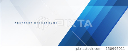 White modern abstract wide banner with blue line and geometric shapes. White and blue abstract background. White modern abstract wide banner with blue line and geometric shapes. White and blue abstract background. 130996011