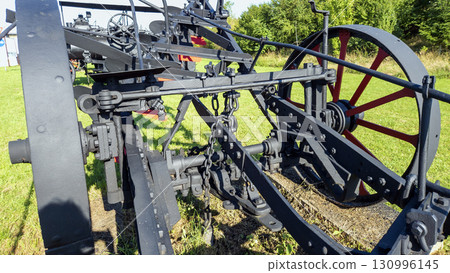 Nitra, Slovakia - September 4, 2025: A vintage mechanical plow on display at the Nitra Agricultural University. Close-up. Nitra, Slovakia - September 4, 2025: A vintage mechanical plow on display at the Nitra Agricultural University. Close-up. 130996145