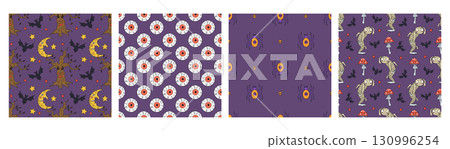 Set of 4 Seamless patterns with cute hand drawn Halloween motifs Set of 4 Seamless patterns with cute hand drawn Halloween motifs 130996254